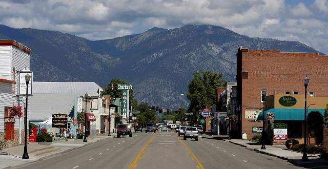 Downtown Minden with mountains in the background.